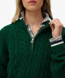 Superdry Damen Schmaler Strickpullover mit Halbem Reißverschluss und Zopfmuster Green - Größe: 38