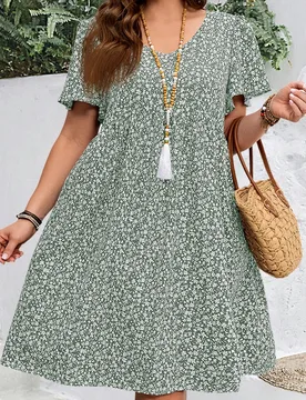 Vestido Boho de Talla Grande con Estampado Floral Ditsy, Cuello en V, Volantes y Manga Corta para Vacaciones Primavera Verano 2026 5XL - Shein - FashionsVida