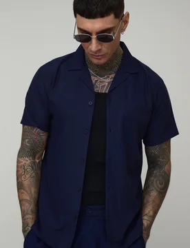 Mens Tall Regular Short Sleeve Linen Blend Shirt - Navy Viscose - Size Large - boohooMAN - FashionsVida