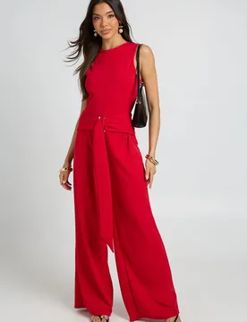 Womens Belted Gold Trim Detail Wide Leg Jumpsuit - Red - Size 14 Uk - Boohoo - FashionsVida
