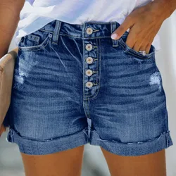 Shorts vaqueros casuales de mujer con botones lavados y agujeros, para verano L
