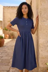 Women's Buttoned Pocket Stretch Midi Dress in Navy Size: 16 - Navy - Size: 16