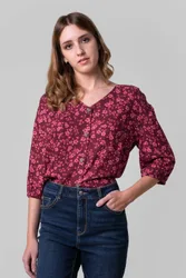 Women's Floral Print Button Front Blouse in Red Size: 16 - Red - Size: 16