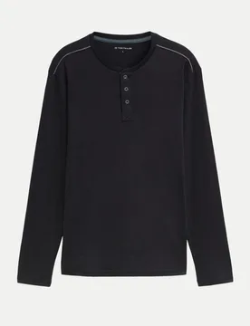Langarmshirt mit Henley Kragen Schwarz M - Tom Tailor Casual - FashionsVida
