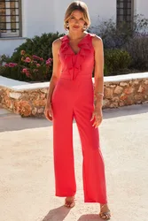 Womens Pink Ruffle Detail Wide Leg Jumpsuit - Size 18 Short