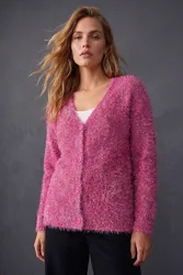 Women's Buttoned Tinsel Knit Cardigan Sweater in Cerise Size: 16 - Cerise - Size: 16