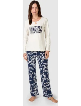 Pijama completo de mujer con manga larga y cuello redondo con abertura - Massana - FashionsVida