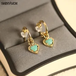 ShinyGem Natural Crystal Rose Quartz Earbob Women Gold Plated Labradorite Citrine Hoop Earrings Heart-Shaped Gemstone Eardrop