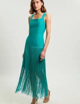 Women's Petite Figure Form Bandage Strappy Tassel Hem Knitted Dress in Teal Size: 14 - Teal - Size: 14 - Karen millen - FashionsVida
