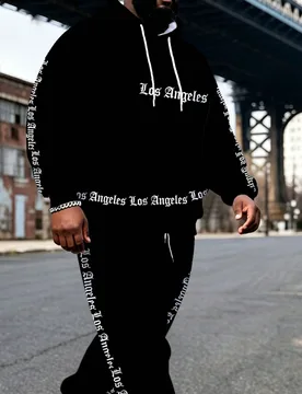 Conjunto de sudadera con capucha y pantalones deportivos de talla grande con estampado de fuente gótica Los Ángeles, conjunto deportivo de 2 piezas - Shein - FashionsVida