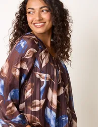 Long Sleeve Scoop Neck Metallic Blouse - M/L / CHOCOLATE/ BLUE - female