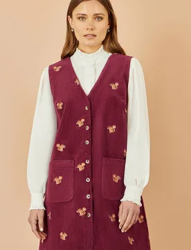 Women's Burgundy Squirrel Embroidered Button Up Pinafore Dress Size: 12 - Burgundy - Size: 12 - Yumi - FashionsVida