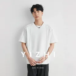 Men's Heavyweight 240g Stitch Trim Split Short Sleeve T-shirt 2026 Summer Crew Neck Loose Drop Shoulder Casual Versatile Top
