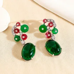Luxury Green Red Gemstone Drop Earrings for Women, Silver Plated Oval Cabochon Dangle Earrings, Vintage Party Jewelry