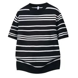 New Men's Short Sleeved Striped Knitted Contrasting Color Vintage Style Summer Fashionable And Comfortable Versatile T-shirt