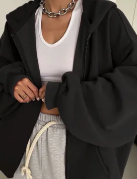Nueva sudadera de mujer con cremallera delantera y hombros caídos, ajuste holgado de talla grande, diseño con cordón, chaqueta deportiva casual de - Shein - FashionsVida