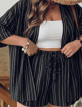 Conjunto de 2 piezas de talla grande para principios de primavera/verano, chaqueta tipo cárdigan + pantalones cortos con cordón, traje informal de e - Shein - FashionsVida