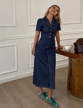 Vestido vaquero de manga abullonada para mujer, vestido largo de verano M - Shein - FashionsVida