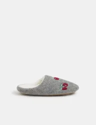 Embroidered Cherry Felt Mule Slippers Grey female