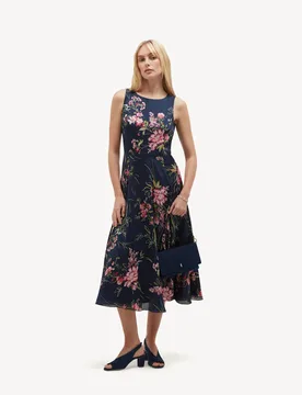 Satin Floral Crew Neck Midi Skater Dress Blue Mix female - Hobbs - FashionsVida