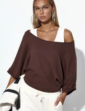 Womens Ribbed Crew Neck Jumper - Brown - Size Small - Busem - FashionsVida