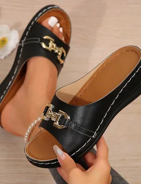 Elegantes sandalias de cuña para mujer talla grande, sandalias con decoración de hebilla de metal, sandalias de suela gruesa cómodas y casuales par - Shein - FashionsVida