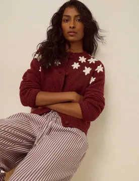 Embroidered Crew Neck Cardigan Burgundy Mix female - Monsoon - FashionsVida