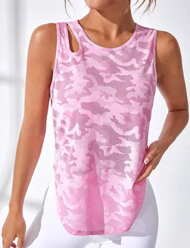 Camiseta de tirantes deportiva para mujer con estampado de camuflaje, corte calado y bajo curvo, ropa deportiva para gimnasio y entrenamiento, ropa ac - Shein - FashionsVida