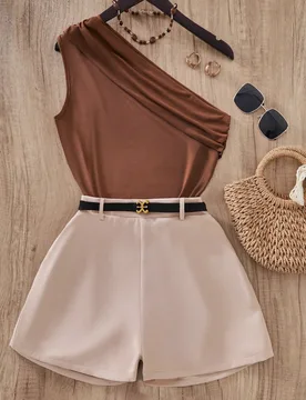 Set de 2 piezas de top asimétrico de hombros y shorts con cinturón para adolescentes, conjunto de vestir de moda para el día a día 15Y - Shein - FashionsVida