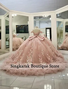 Pink Exquisite Quinceanera Dress for 16th Girl Bow Off the Shoulder Flower Appliques Vestidos De 15 Quinceanera Customized - Aliexpress - FashionsVida