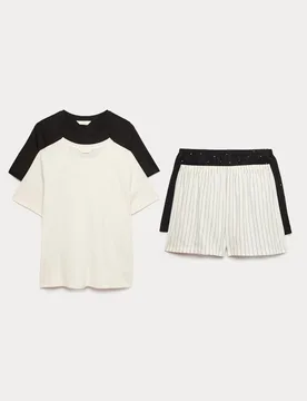 Pack Cotton Rich Jersey Woven Shortie Pyjama Sets Ivory Mix female - M&S - FashionsVida