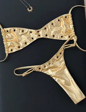 Conjunto de bikini de 2 piezas con top bandeau dorado, traje de baño casual y sexy para vacaciones en la playa, nuevo para primavera/verano 2026 M - Shein - FashionsVida