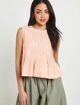 Womens Linen Look Pleated Top - Nude Cotton - Size 12 Uk - Boohoo - FashionsVida