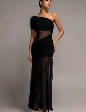 Women's Gathered One Shoulder Sheer Panel Maxi Dress in Black Size: 12 - Black - Size: 12 - Goddiva - FashionsVida