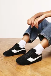 Womens 'Ulani' Low-Top Lace Up Trainer With Contrast Side Stripe - Black Faux Leather - Size Uk 5