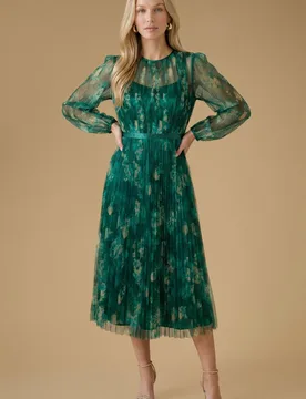 Women's Floral Mesh Balloon Sleeve Midi Dress in Green Size: 6 - Green - Size: 6 - OASIS - FashionsVida