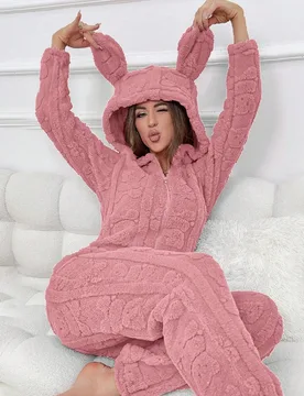 Pijama de una pieza con capucha, cierre delantero y manga larga, de unicolor, para mujer talla grande, esponjoso y acogedor, para otoño e invierno - Shein - FashionsVida