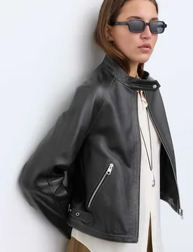 Leather Collarless Cropped Biker Jacket Black female - Autograph - FashionsVida