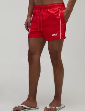 Mens Piped Football Embroidered Short Length Swim - Red - Size Medium - boohooMAN - FashionsVida