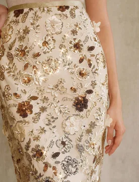 Falda de malla con lentejuelas y flores elegantes en color champán, ropa de resort para mujer, elegante para una cita, primavera/verano XL - Shein - FashionsVida