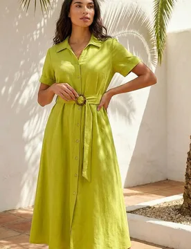 Womens Linen Look Belted Shirt Dress - Lime Green - Size 16 Uk - Roman - FashionsVida