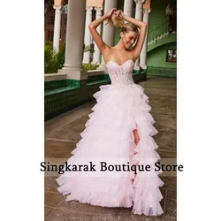 Customized Pink Sweetheart Lace Prom Dress Tiered Ruffles Side Slit vestidos de noche Floor-Length Formal Evening 2026