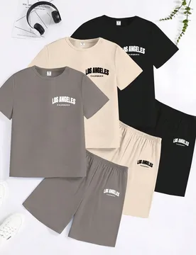 Set de 6 piezas de pijama con camiseta de manga corta y pantalones cortos con estampado de letras en negro, gris y azul para adolescentes de estilo mi - Shein - FashionsVida