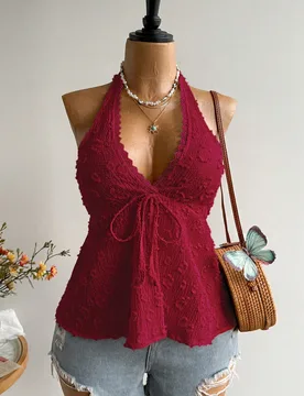 Top de cuello halter con nudo delantero texturizado color burdeos para mujer talla grande, adecuado para otoño/invierno, verano, Halloween 2XL - Shein - FashionsVida
