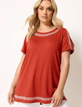 Women's Embroidered Cold Shoulder Top in Burnt Orange Size: 34-36 - Burnt Orange - Size: 34-36 - Yours - FashionsVida