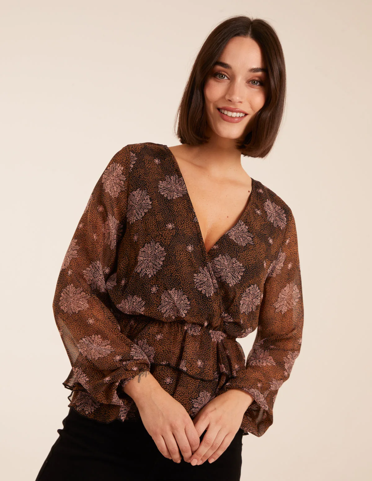 Floral Ruffle Wrap Blouse - 10 / BROWN PATTERN - female - Blue Vanilla - FashionsVida