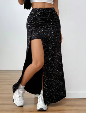 Falda plateada con impresión de papel de aluminio y corte alto estilo Y2K para mujer XS - Shein - FashionsVida