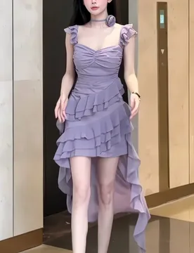 An irregularly ruffled sleeveless halter dress with a purple cinched waist and drawstring - Aliexpress - FashionsVida