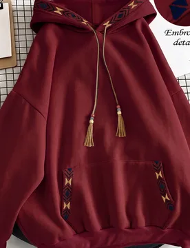 Sudadera con capucha, bolsillos, cordón y manga larga con bordado geométrico y patchwork para mujer M - Shein - FashionsVida