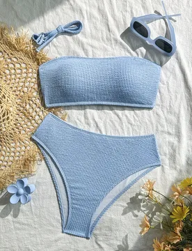 Set de 2 bikinis acanalados, traje de baño adecuado para graduación/Día de la Independencia en negro, rojo, morado para vacaciones, playa y verano - Shein - FashionsVida
